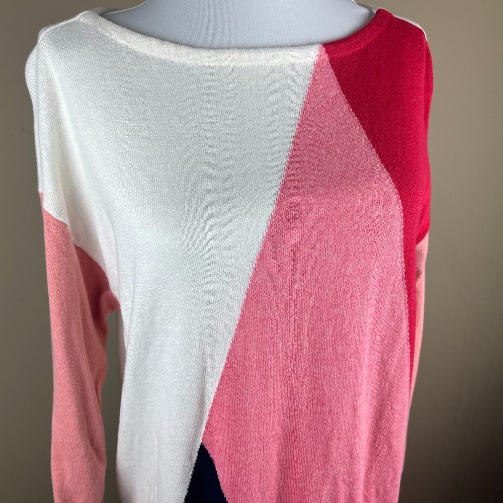 Chaps 3/4 Sleeve Knit Sweater Size L Red White Pink Blue, Abstract Color